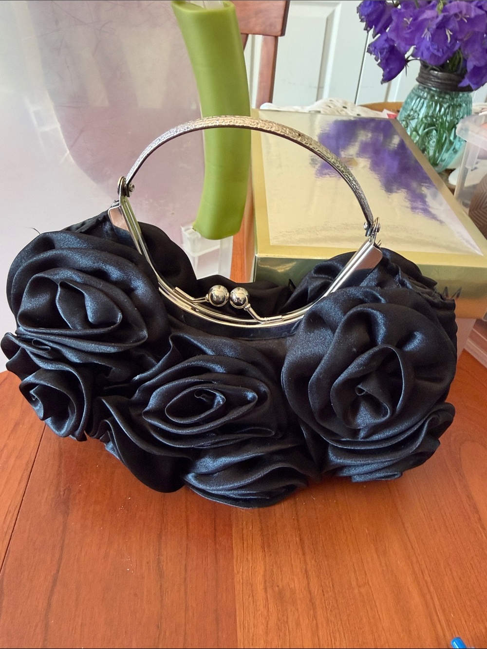 Black Satin Rosette Evening Handbag - Unbranded